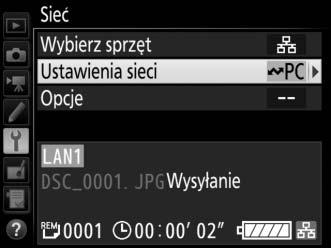 Wskaźnik stanu Stan sieci można również zobaczyć na najwyższym poziomie menu sieci. Przesyłanie zdjęć e, f: szacowany czas wymagany do wysłania pozostałych zdjęć.