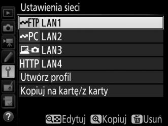 Ustawienia sieci Wyróżnij Ustawienia sieci i naciśnij 2, aby wyświetlić listę profili sieci, na której można tworzyć nowe profile lub wybierać istniejące.