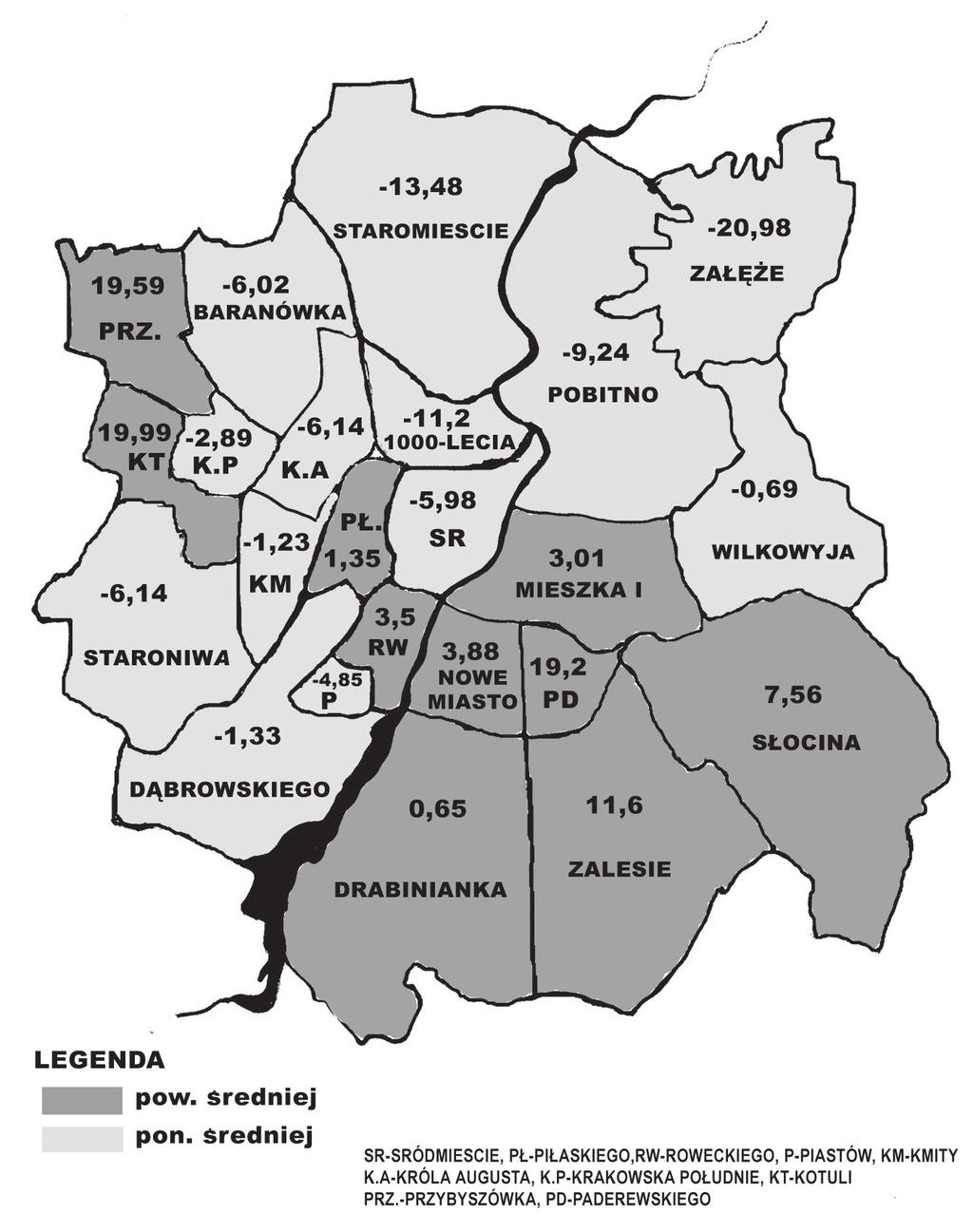 140 i Kotuli) w zachodniej części miasta. Po trzecie, tylko dwa osiedla z centralnej strefy uzyskały wyniki powyżej średniej.