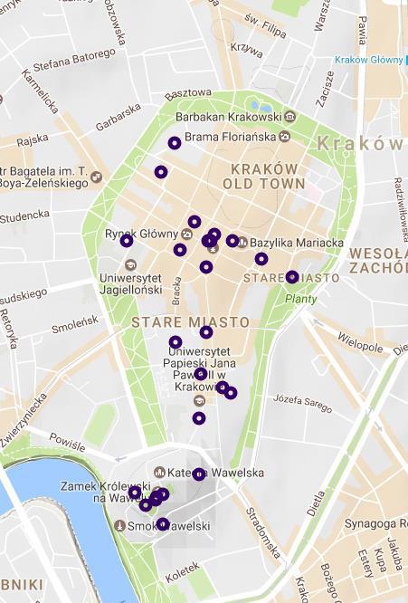64 SESJE TERENOWE Fig. 2. Czwartorzędowe stanowiska badane paleobotanicznie w obrębie Starego Miasta w Krakowie (mapa z Google Earth).