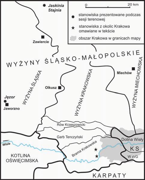 SESJE TERENOWE 67 Fig. 1. Położenie ważniejszych stanowisk na tle podziału geomorfologicznego okolic Krakowa (na podstawie Gilewskiej, 1972 uproszczone).