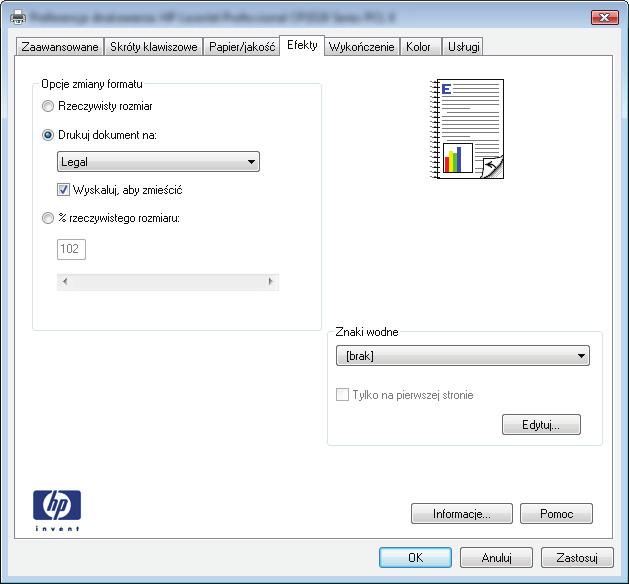 3. Kliknij kartę Efekty. 4. Wybierz opcję Drukuj dokument na, a następnie wybierz format z listy rozwijanej. Kliknij przycisk OK, aby zamknąć okno dialogowe Właściwości dokumentu. 5.