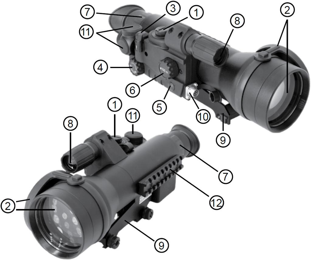 Diagram 3x60 1. Umieszczenie bateri 2. Soczewka/Osłona objektywu 3. On/Off IR iluminatoru 4. Regulacja jasnośći krzyža 5. Przełącznik dla zmiany koloru krzyža 6.