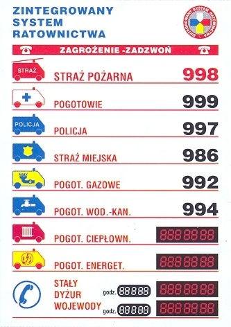 W razie potrzeby (nieszczęśliwy wypadek lub awaria) należy alarmować: POGOTOWIE RATUNKOWE tel. 999 lub 112 POGOTOWIE POLICJI tel. 997 lub 112 STRAŻ MIEJSKĄ tel. 986 POGOTOWIE ENERGETYCZNE tel.