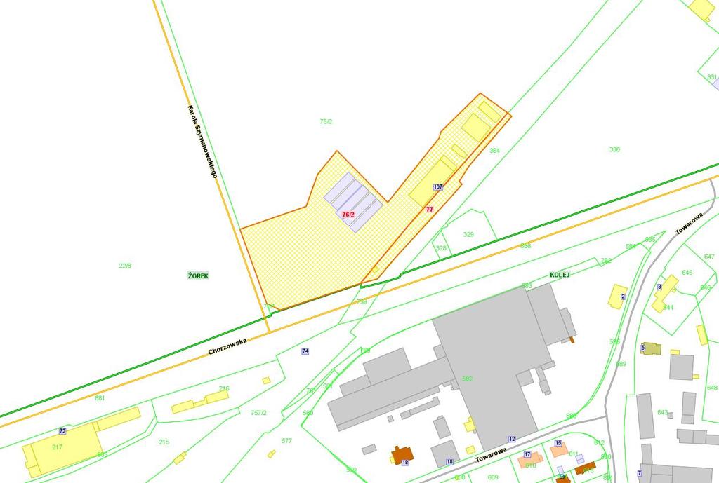 Chorzowskiej w Gliwicach. Powierzchnia gruntu 1,8279 ha, w tym: działka nr 76/2, obr. Żorek 1,6492 ha, działka nr 77, obr. Żorek 0,1787 ha.