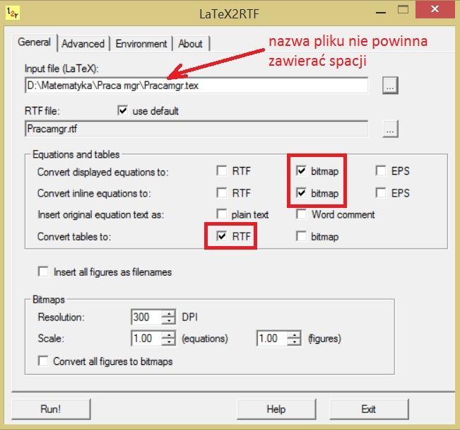 W pierwszej zakładce: General, wybrać pożądany plik wejściowy (plik o rozszerzeniu.tex ), który chcemy konwertować na rtf. Bardzo ważnym jest, aby nazwa konwertowanego pliku nie zawierała spacji!!!; 3.