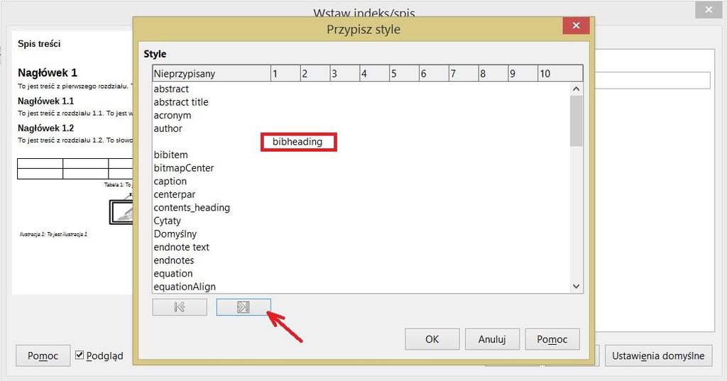 W sekcji Indeks/Spis należy wprowadzić napis: Spis treści w polu tytuł; 4.
