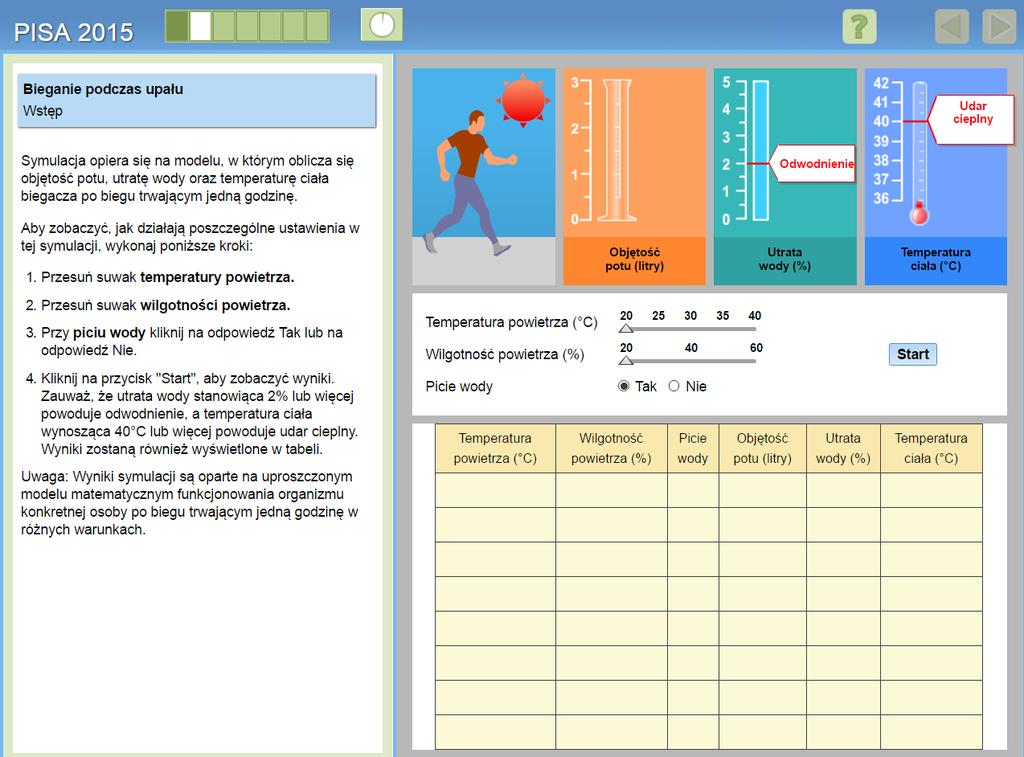 W przypadku prezentowanego zadania uczniowie mogą modelować funkcjonowanie organizmu człowieka po biegu trwającym jedną godzinę w różnych warunkach przy zmieniającej się temperaturze i wilgotności