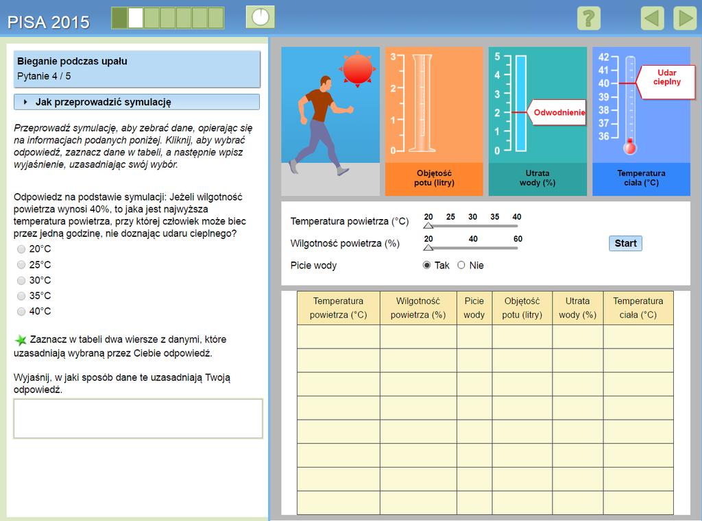 Zadanie Zadaniem ucznia jest wskazanie maksymalnej temperatury, w której człowiek może biec przez godzinę przy wilgotności powietrza 40%, nie dostając udaru cieplnego.