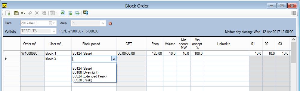 RODZAJE ZLECEŃ I SKŁADANIE ZLECEŃ (Block Order) Block Order to zlecenie z jedną ceną i takim samym lub różnym wolumenem dla zbioru godzin (bloku), w ramach danego dnia dostawy.