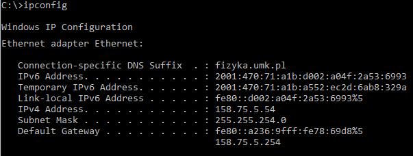 Rysunek 4 Weryfikacja konfiguracji interfejsu sieciowego w systemie Windows przy pomocy komendy ipconfig.