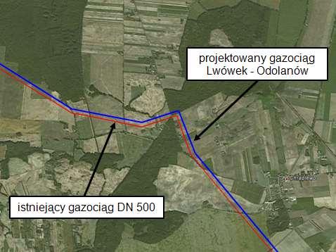 Źródło: Google earth Umiejscowienie projektowanego gazociągu w strefach kontrolowanych istniejących gazociągów wpłynie pozytywnie na proces uzyskania niezbędnych pozwoleń oraz zgód właścicieli