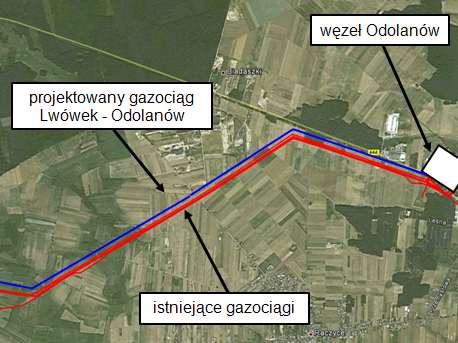 Źródło: Google earth Wstępnie rozpoznano uwarunkowania formalno prawne możliwości realizacji gazociągu Lwówek Odolanów trasy wzdłuż istniejącego gazociagu.