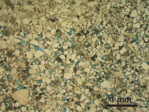 artykuły A B C D Próbka 4951, otwór Paproć-28 Litologia: piaskowiec Skład mineralny: 77% Q, 23% Sk, 3% D, 1% C, 6% Σil (Ch, M) Grupa: IV Kp NMR /Kpr: 14,96% / 70,44 md A) Widok ogólny.