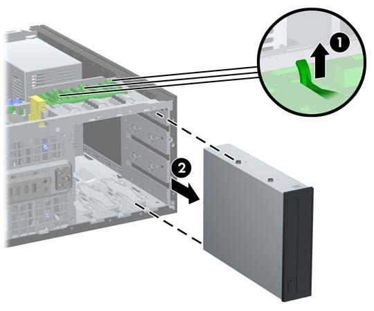 Rysunek 2-19 Wyjmowanie napędu 5,25 cala z komputera typu desktop (na rysunku przedstawiono napęd optyczny) Aby wyjąć napęd 5,25-calowy z komputera typu minitower, przesuń w górę zielony