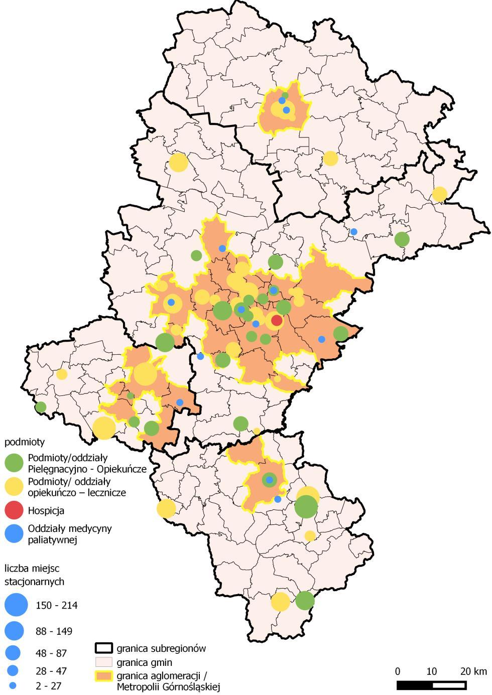 Mapa 11. Podmioty pielęgnacyjno-opiekuńcze, opiekuńczo-lecznicze, hospicja oraz oddziały opieki paliatywnej w województwie śląskim w 2015 roku.