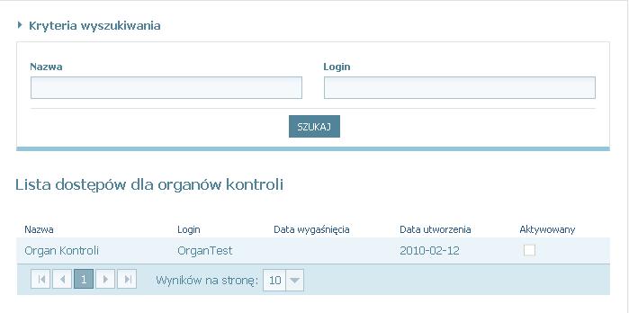 Rysunek 24 Frmularz Zarządzanie dstępami dla rganów kntrli Obszar rbczy listy rganów kntrli bejmuje: Filtr wyszukiwania bejmuje następujące parametry: Nazwa (rganu kntrli) Lgin (rganu kntrli)