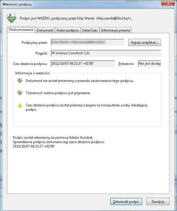 Rysunek 48 Frmularz Własnści pdpisu 11. W knie głównym Adbe Reader pjawi się infrmacja Pdpisan. Wszystkie pdpisy są pprawne Rysunek 49 Frmularz Kmunikatu pprawnści pdpisów 8.2.