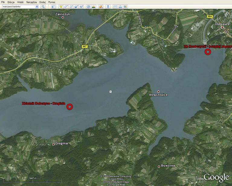 Ryc. 1 Lokalizacja stanowisk badań Zbiornik Dobczycki. 2. Zbiornik Czchowski zlokalizowany jest w środkowym biegu Dunajca, jest zbiornikiem wyrównawczym dla zbiornika Rożnowskiego.