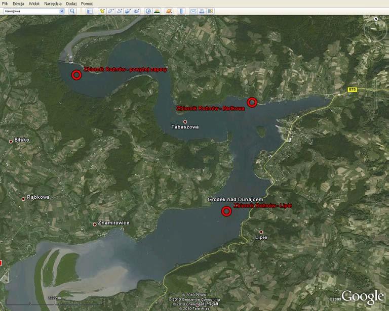 Lokalizację punktów pomiarowo-kontrolnych przedstawia ryc. 3. Ryc. 3 Lokalizacja stanowisk badań Zbiornik Rożnowski. 4.