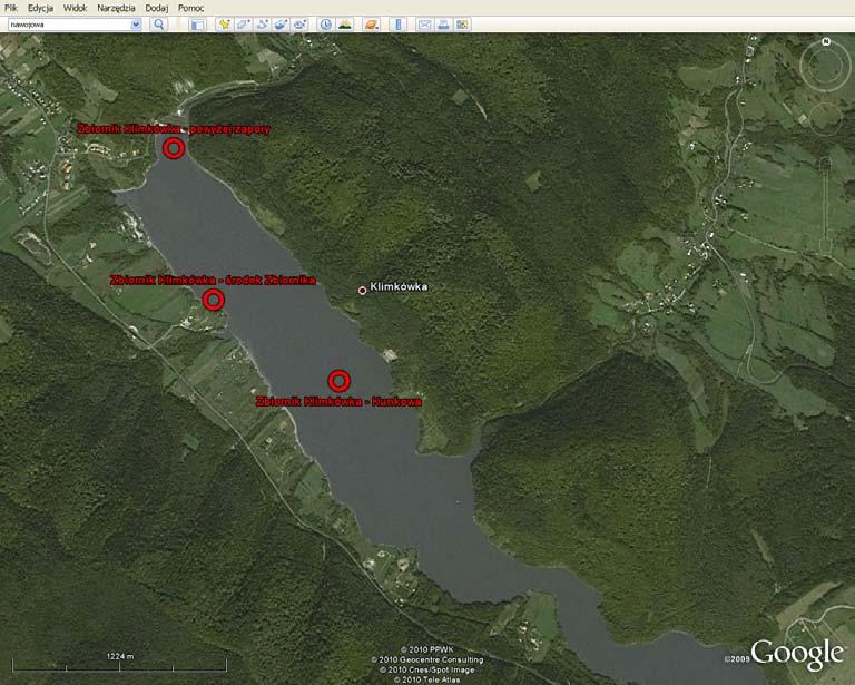 Lokalizacja punktów pomiarowo-kontrolnych przedstawia ryc. 5. Ryc. 5 Lokalizacja stanowisk badań Zbiornik Klimkówka. Uwagi: 1.