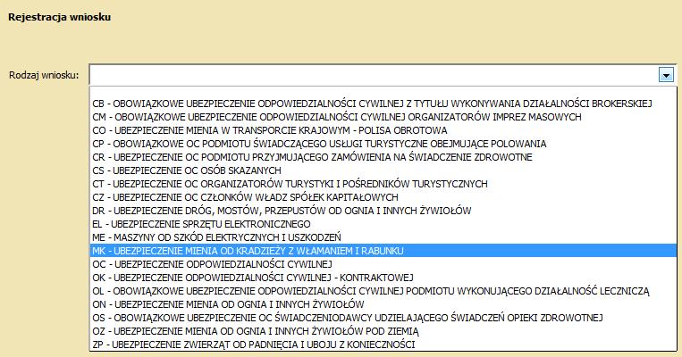 REJESTROWANIE WNIOSKU Po wybraniu przycisku REJESTRUJ na ekranie powinno pojawić się białe pole z listą rozwijaną, a której należy