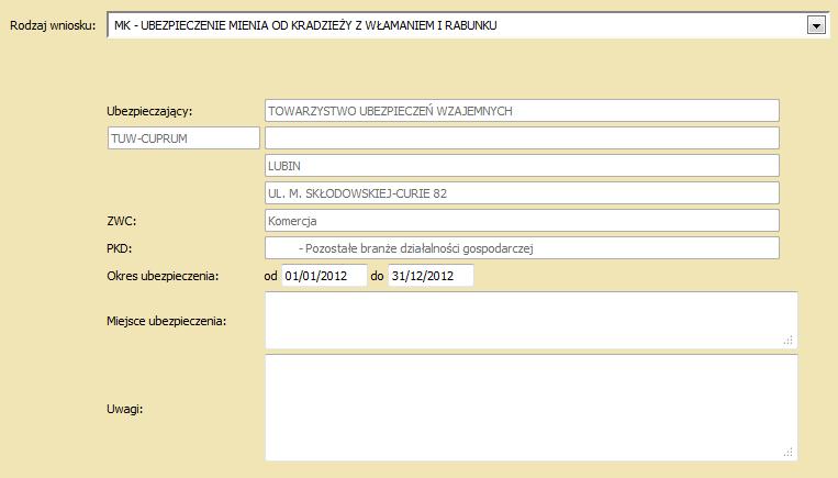 REJESTROWANIE WNIOSKU Po wyborze rodzaju ubezpieczenia na ekranie powinny pojawić się informacje na temat Ubezpieczającego (nazwa, adres, przynależność do związku wzajemności członkowskiej oraz