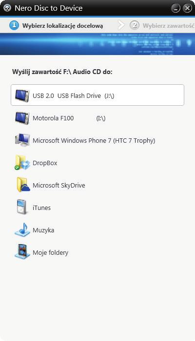 Prześlij płytę Audio CD do urządzenia Wybierz lokalizację docelową dla płyty Audio CD Wyświetli się ekran Wybierz zawartość.