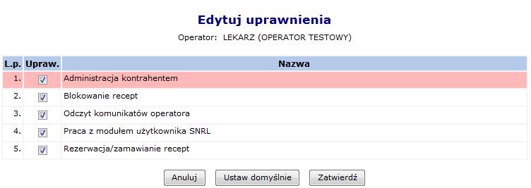 Rysunek 28 Edycja uprawnień Administracja kontrahentem - wykonywanie wszelkich operacji z zakresu administratora: dodawanie, edycję i usuwanie operatorów oraz ustawienia uprawnień Blokowanie recept -