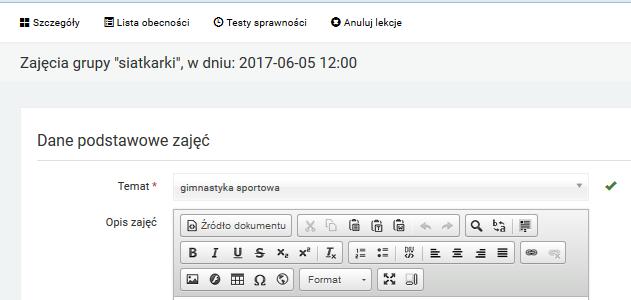 Odrabianie zajęć Wyświetla listę wszystkich przyszłych odwołanych zajęć. Klikając w przycisk z prawej strony, można wyznaczyć nowy termin.