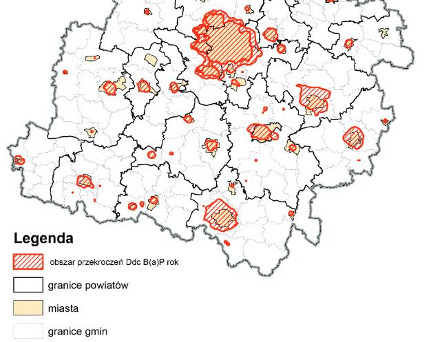 BENZO(A)PIREN Obszar przekroczeń w Gminie Łask Rysunek 18: Obszar przekroczeń średniej rocznej wartości poziomu docelowego benzo(a)pirenu w pyle PM10 w 2014 r.