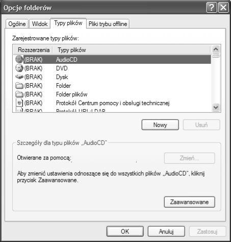 XII. Typy plików i skojarzenia plików z programami Na zakładce Typy plików okna dialogowego Opcje folderów (wskaż Narzędzia, Opcje folderów, Typy plików) znajduje się lista zarejestrowanych typów