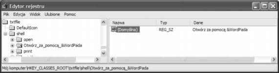 Na rysunku 16 widoczny jest wpis do Rejestru polecenia Otwórz za pomocą WordPada, który utworzyliśmy wcześniej. Podobną strukturę kluczy będą miały polecenia dodane do HKCR\* lub HKCR\Unknown. Rys.