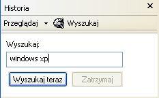: Windows XP. Kliknij przycisk Wyszukaj znajdujący się u góry paska Historia, wpisz frazę do wyszukania i kliknij przycisk Wyszukaj teraz.