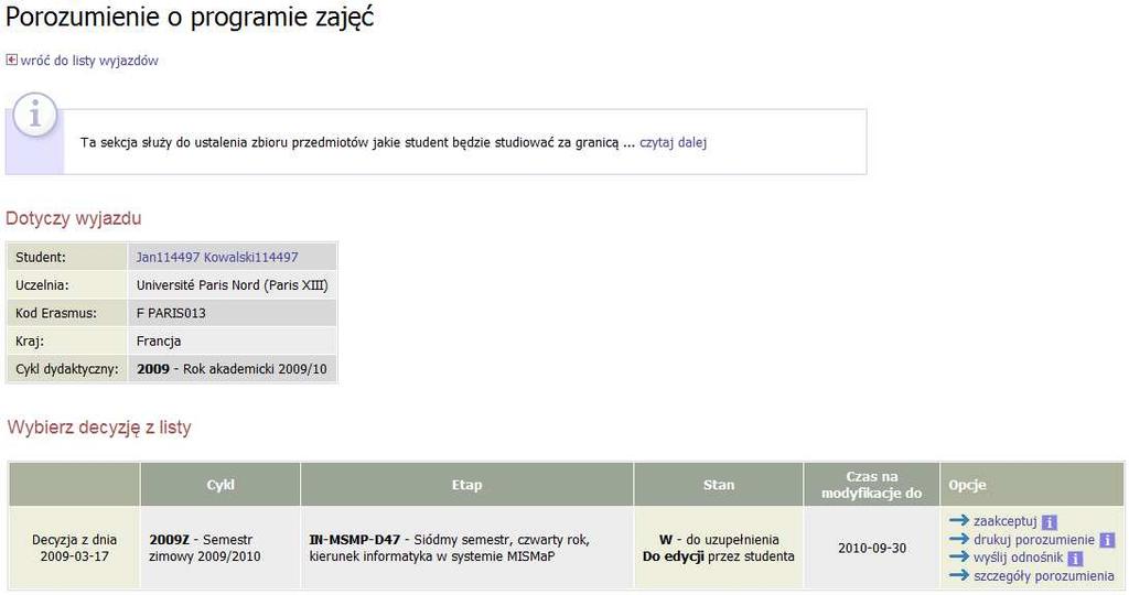 W-do uzupełnienia, Do edycji przez studenta jeżeli tylko nie został przekroczony termin, LA można dowolnie modyfikować zarówno z interfejsu studenta, jak i koordynatora.