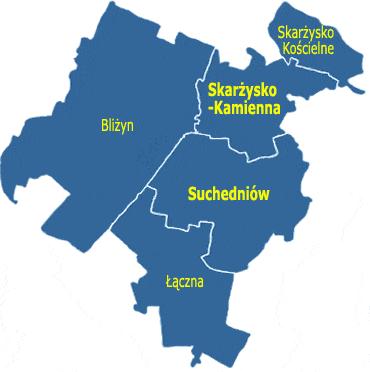 od wschodu w gminami powiatu skarżyskiego: Skarżysko-Kamienna, Suchedniów i Łączna od południa z gminą powiatu kieleckiego - gmina Zagnańsk od zachodu w gminą Stąporków w powiecie koneckim. Rysunek 2.