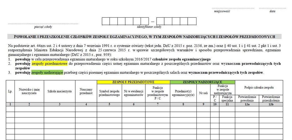 PRZYGOTOWANIE EGZAMINU MATURALNEGO POWOŁANIE ZESPOŁÓW zał. 8a NOWE Podpis oznacza m.in., że członek zespołu 1.