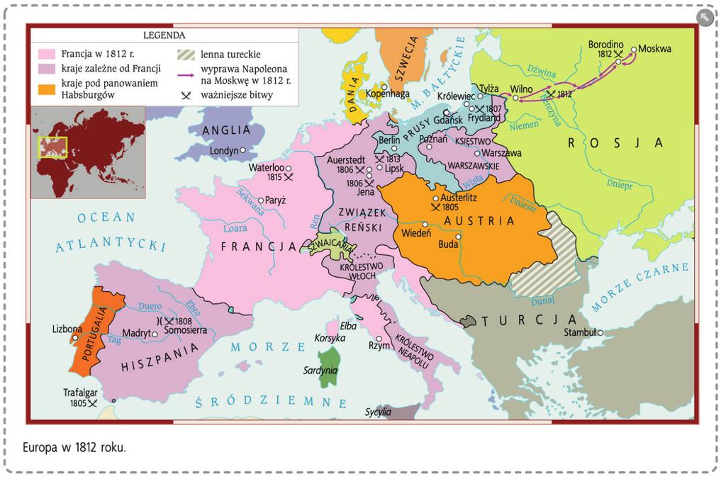 W trakcie wystąpienia grupy III powiększamy mapę Europa w 1812 roku (multipodręcz(pytania do map), powiększamy mapę Eunik, s. 58). Następnie, korzystając z ikony ropa w 1815 roku (multipodręcznik, s.