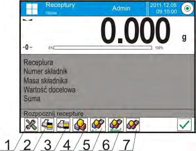 Po wybraniu modu receptury na wyświetlaczu są dostępne następujące przyciski: 1. Setup dostęp do menu wagi 2. Drukuj nagłówek 3. Drukuj stopkę 4. Receptura wybór receptury z bazy receptur 5.