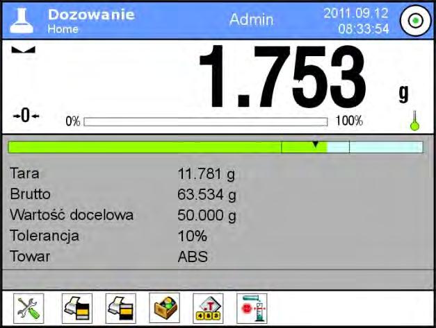 PROCEDURA 1 wybór towaru z Bazy Towarów Nacisnąć przycisk Baz Towarów < > Z listy Towarów wybrać ten, który ma być ważony Automatycznie w polu,,info zostanie pokazana wartość docelowa oraz tolerancja