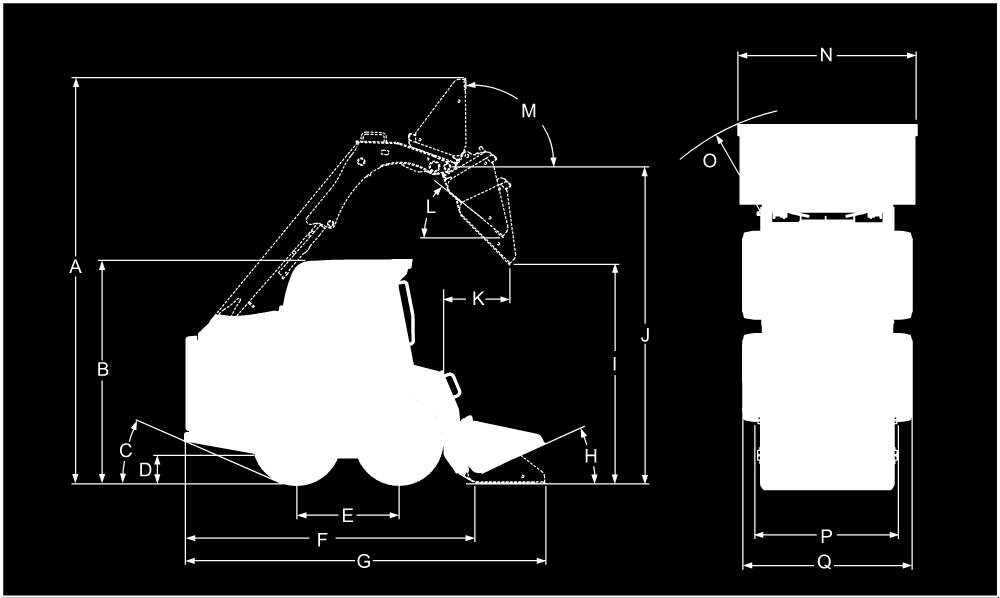 0 mm (J) Wysokość do czopu łyżki 2781.0 mm (K) Zasięg zrzutu z maksymalnej wysokości 587.