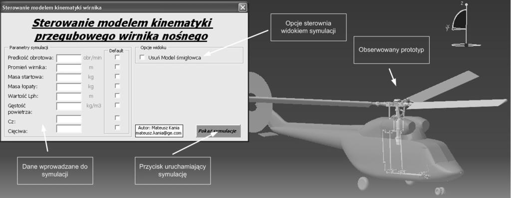 wania wirnika nośnego [2, 4]. Wszystkie te parametry można wprowadzić w prosty sposób dzięki użyciu dodatkowego programu sterującego modelem, którego główne okno widoczne jest na rysunku 3.