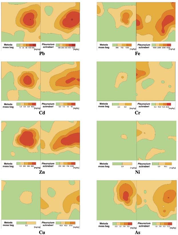 Fe, Cr i Ni uwidocznił się wpływ położonego na zachód od terenu badań GOP. Zanieczyszczenie Cu mierzone jej zawartością w P. schreberi było znacznie większe niż w przypadku S.