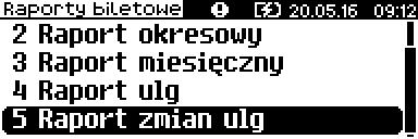 Raporty biletowe Raport zmian ulg Raport zmian ulg dostępny jest tylko w biletowym rodzaju drukarki. Zawiera wykaz wszystkich zmian w tablicy grup i kategorii ulg oraz informacje o liczbie tych zmian.