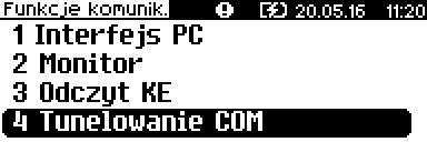 Następnie, używając klawiszy i, wybrać pozycję Tunelowanie COM i zatwierdzić przyciskiem 3 Następnie, używając klawiszy i, wybrać odpowiednie ustawienie i
