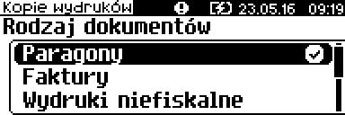 4 Wybranie opcji Paragony, Faktury, Wydruki niefiskalne spowoduje wyświetlenie zapytania o zakres numerów do wydruku. Należy podać numer początkowy i końcowy, a następnie potwierdzić klawiszem.