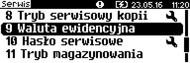 Użytkownik może sprawdzić, jaka jest aktualna waluta ewidencyjna urządzenia poprzez wywołanie w menu konfiguracji drukarki opcji: Po wejściu do tego menu urządzenie wyświetla komunikat lub też Zmiana