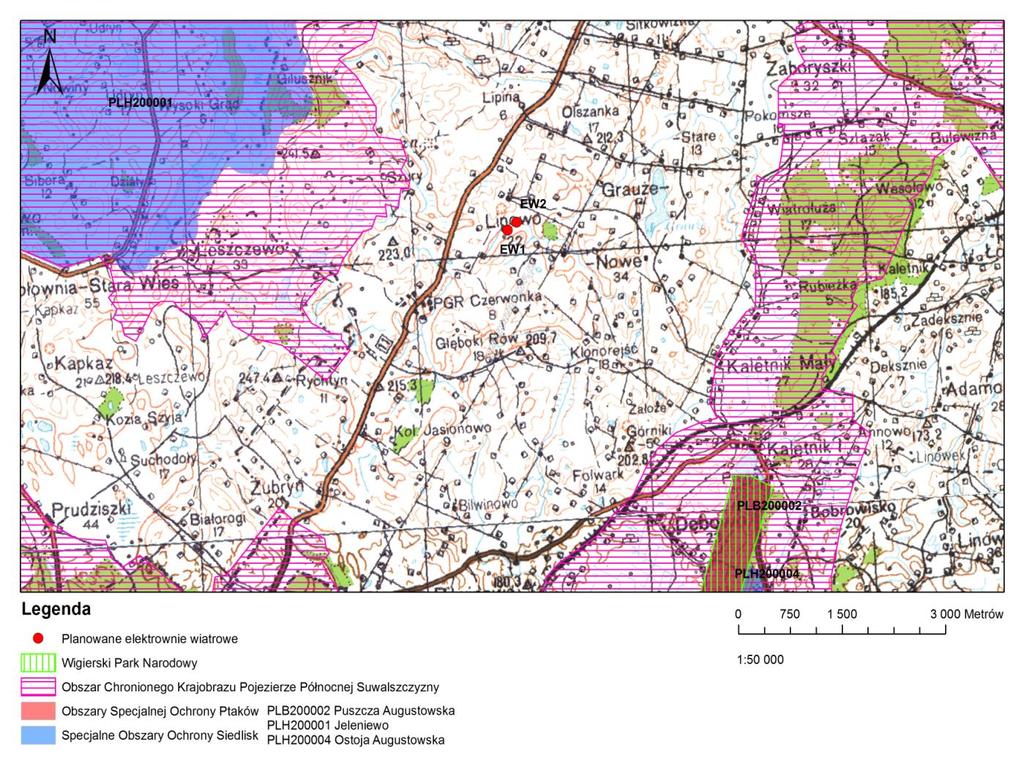 Puszcza Augustowska PLB200002 (4,5 km) Ostoja Augustowska PLH20004 (4,5 km) Jeleniewo PLH200001 (4 km) Obecnie budowa planowana jest na działce ewidencyjnej o numerze 110, ok.