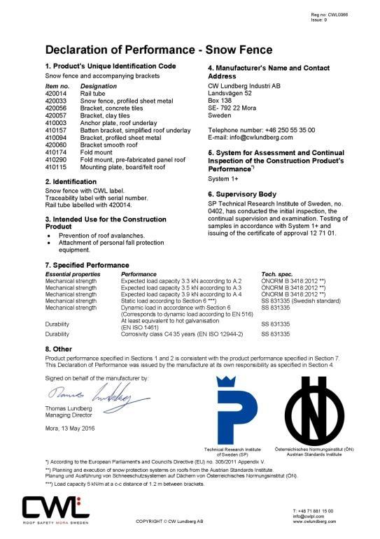 Österreichisches Normungsinstitut (ÖN) Odnosi się do zapór śniegowych dla dachów o maksymalnym kącie