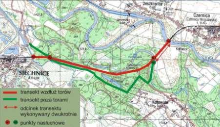 28 Ryc 5. Powierzchnia badawcza Siechnice Czernica. Długość transektu kolejowego to 5 km. WYNIKI Podczas badań prowadzonych w 2012 r.